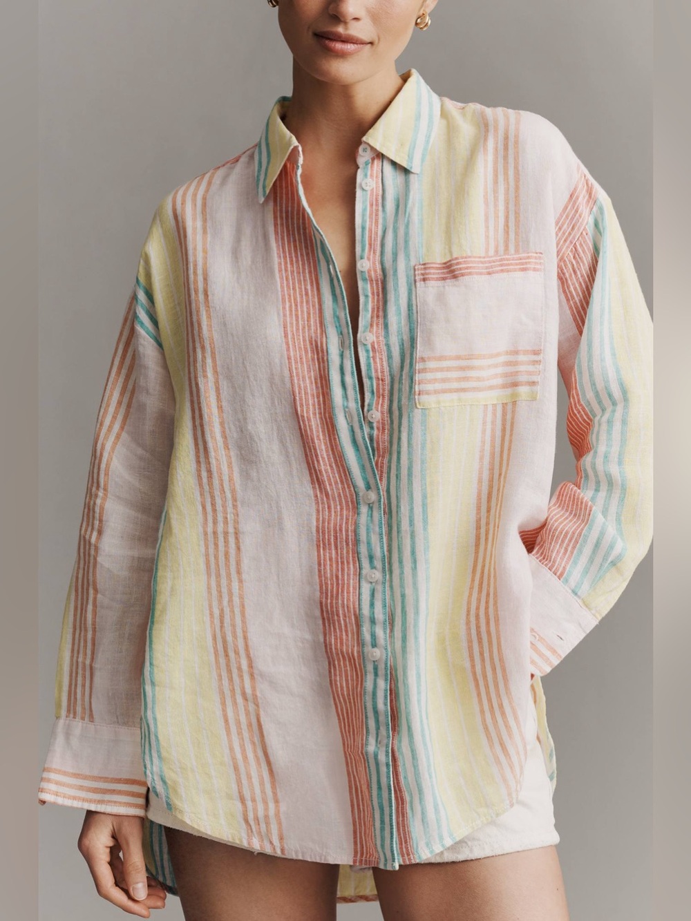 NWT Anthropologie Maeve Bennet European Linen Buttondown Shirt Umbrella Stripe - Picture 2 of 7